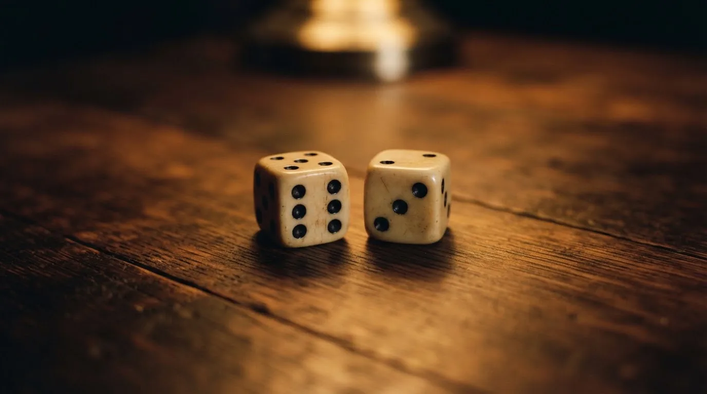 Kaksi noppaa puupöydällä lampun lämpimässä valossa — casino bonus ilman talletusta