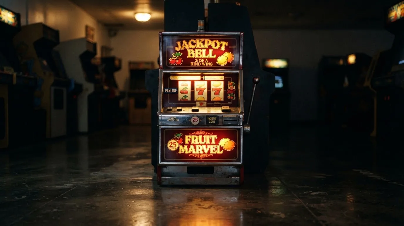 Vanha hedelmäpeliautomaatti hehkuu hämärässä pelisalissa, heijastus kiillottaa tummaa lattiaa — kasino pienellä talletuksella suomi