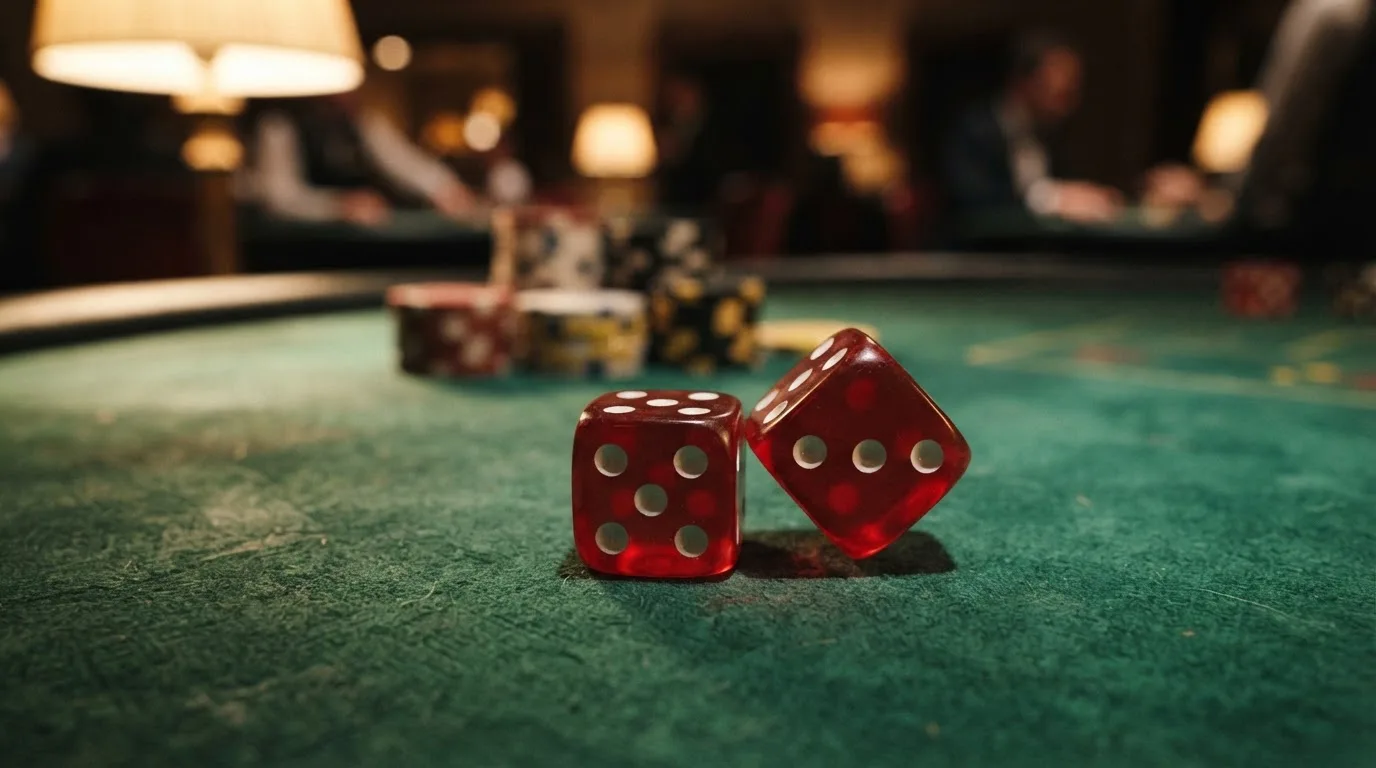 Punaiset nopat lepäävät vihreällä huovalla, taustalla sumeita pelimerkkitorneja iltahämärässä — kolikkopelit casino pelit