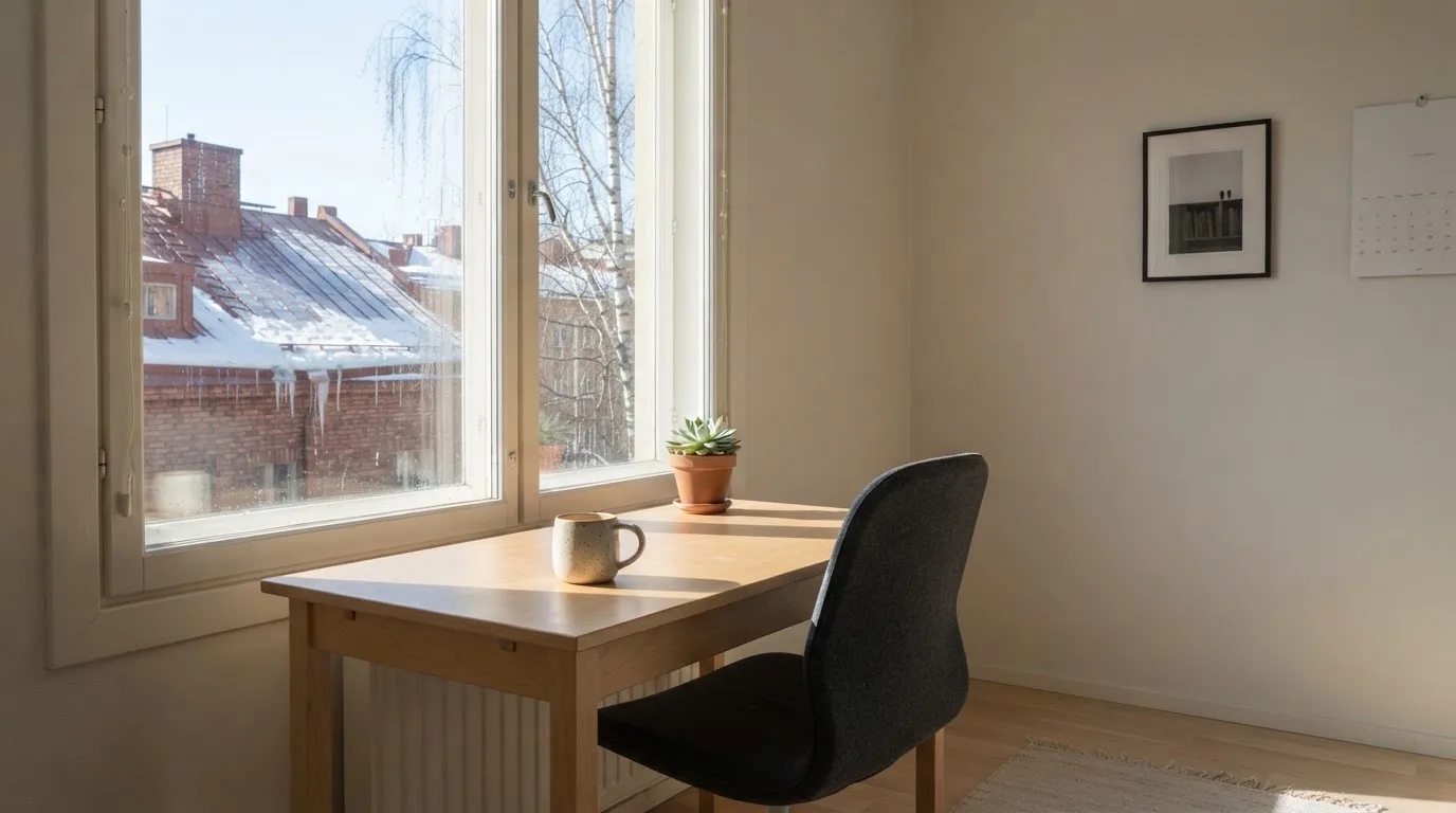 Toimistohuoneen ikkunasta näkyy maaliskuun aamu, lumi sulaa katolla auringonpaisteessa hiljaisella aamulla.