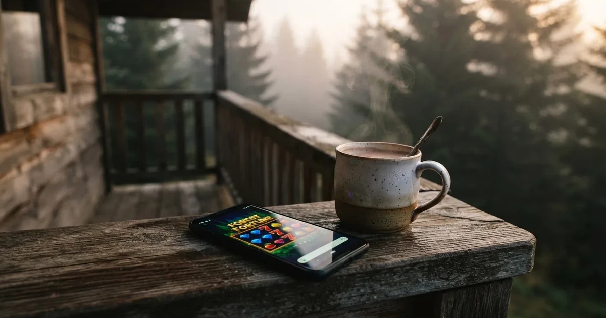 Kädet pitelevät lämmintä kaakaomukia metsämökin portailla, vieressä suljettu tabletti ja aamusumua — mobiilikasino puhelimessa