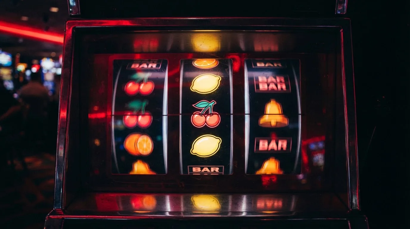 Lähikuva hedelmäpelin pyörivistä rummuista, joissa kirsikka- ja sitruunasymbolit hohtavat punaisessa neonvalossa — casino bonus ilman talletusta
